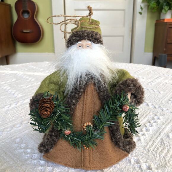 VTG Woodland Santa Tree Topper 7.5" Green Felt Rustic Christmas Décor Cottage - Picture 1 of 9